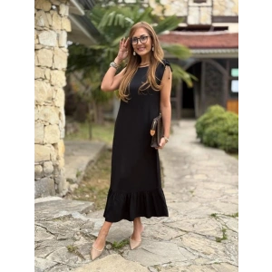 Kadın Omuzlardan Büzgülü Kayık Yaka Fırfırlı Janjan Krep Elbise