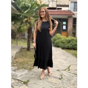 Kadın Omuzlardan Büzgülü Kayık Yaka Fırfırlı Janjan Krep Elbise