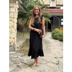 Kadın Omuzlardan Büzgülü Kayık Yaka Fırfırlı Janjan Krep Elbise