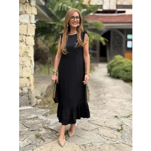 Kadın Omuzlardan Büzgülü Kayık Yaka Fırfırlı Janjan Krep Elbise