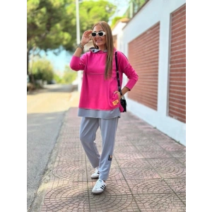 Kadın Pembe Kapşonlu Etek Ucu Detay Arma Ters Dikiş Gorunumlu Ikili Takım