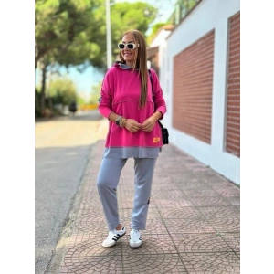 Kadın Pembe Kapşonlu Etek Ucu Detay Arma Ters Dikiş Gorunumlu Ikili Takım
