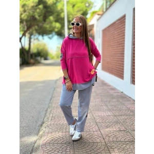 Kadın Pembe Kapşonlu Etek Ucu Detay Arma Ters Dikiş Gorunumlu Ikili Takım