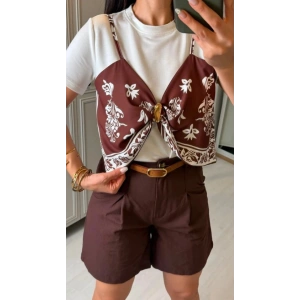 Kadın şal Desen Detay Bluz Ve Keten şort Ikili Takım