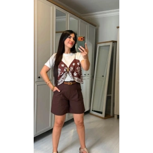 Kadın şal Desen Detay Bluz Ve Keten şort Ikili Takım