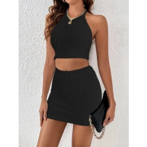 Kadın Sıfır Kol Crop Mini Etek Ikili Triko Takım