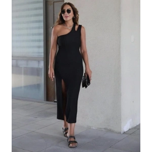 Kadın Sıfır Kol Tek Omuz Damla Detay JanJan Krep Elbise