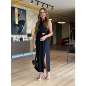 Kadın Sıfır Kollu Bisiklet Yaka Belden Büzgülü Yırtmaç Detaylı Janjan Krep Elbise