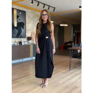 Kadın Sıfır Kollu Bisiklet Yaka Belden Büzgülü Yırtmaç Detaylı Janjan Krep Elbise