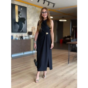 Kadın Sıfır Kollu Bisiklet Yaka Belden Büzgülü Yırtmaç Detaylı Janjan Krep Elbise