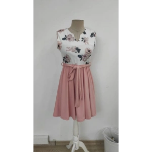 Kadın Sıfır Kollu V Yakalı çiçek Baskılı Beli Kuşaklı Dalgıç Elbise