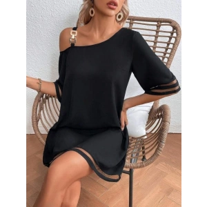 Kadın Tek Omuzdan Acık Askılı Tül şerit Detaylı Kısa Janjan Krep Elbise