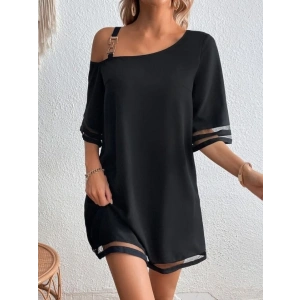 Kadın Tek Omuzdan Acık Askılı Tül şerit Detaylı Kısa Janjan Krep Elbise