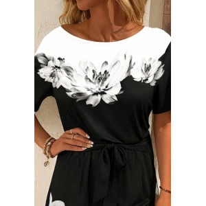 Kadın Tek Omuzu Açık çiçek Desenli Beli Kuşaklı Iki Iplik Mini Short Tulum