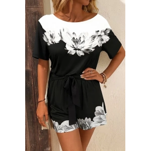 Kadın Tek Omuzu Açık çiçek Desenli Beli Kuşaklı Iki Iplik Mini Short Tulum