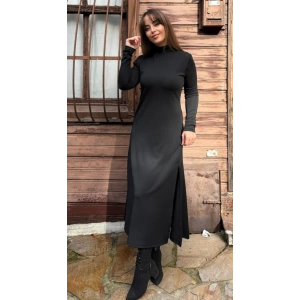 Kadın Uzun Kollu Balıkçı Yaka Derin Yırtmaç Detay Krep Elbise