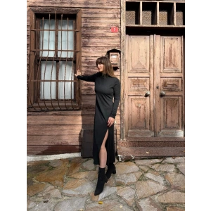 Kadın Uzun Kollu Balıkçı Yaka Derin Yırtmaç Detay Krep Elbise