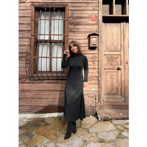 Kadın Uzun Kollu Balıkçı Yaka Derin Yırtmaç Detay Krep Elbise