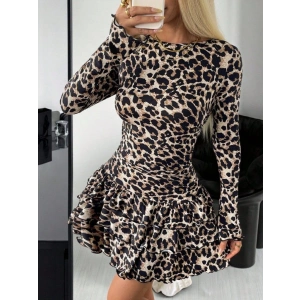Kadın Uzun Kollu Balıkçı Yaka Fırfırlı Leopar Desenli Modal Elbise