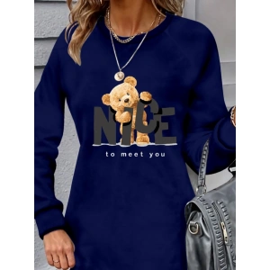 Kadın Uzun Kollu Bisiklet Yaka Ayı Desenli Viskon Iki Iplik Elbise