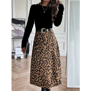 Kadın Uzun Kollu Bisiklet Yaka Ithal Krep Bluz Alt Desenli Modal Midi Elbise