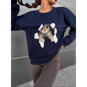 Kadın Uzun Kollu Bisiklet Yaka Kedi Desenli Viskon Iki Iplik Bluz