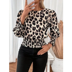 Kadın Uzun Kollu Bisiklet Yaka Leopar Desenli Modal Bluz
