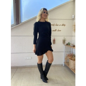 Kadın Uzun Kollu Bisiklet Yaka önden Volanlı Ithal Krep Elbise