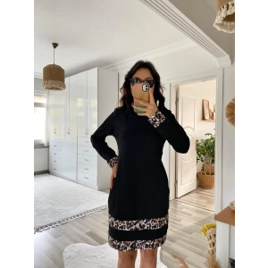 Kadın Uzun Kollu Bisiklet Yaka şerit Leopar Desenli Kısa Dalgıç Elbise