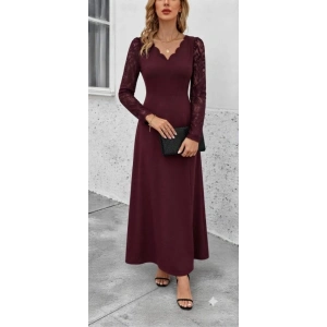 Kadın Uzun Kollu Dalgalı V Yakalı Dantelli Uzun Janjan Krep Elbise