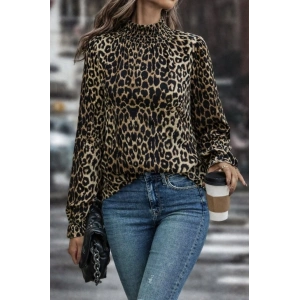 Kadın Uzun Kollu Gipe Detaylı Balıkçı Yaka Leopar Desenli Süprem Bluz