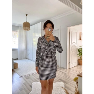 Kadın Uzun Kollu Kruvaze Yaka Bağlamalı Kemer Dalgıç Mini Boy Elbise