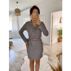 Kadın Uzun Kollu Kruvaze Yaka Bağlamalı Kemer Dalgıç Mini Boy Elbise