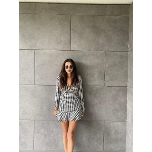 Kadın Uzun Kollu Kruvaze Yaka Kazayağı Mikro Mini Boy Elbise