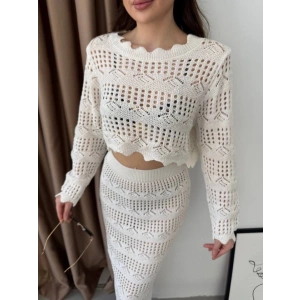 Kadın Uzun Kollu Kuş Gözü Transparan Detay Triko Bluz Ve Maxi Boy Etek Ikili Takım