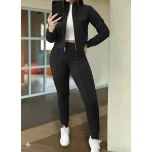 Kadın Uzun Kollu önden Fermuarlı Kısa Modal Ceket Ve Pantolon Ikili Takım