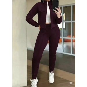 Kadın Uzun Kollu önden Fermuarlı Kısa Modal Mor Ceket Ve Pantolon Ikili Takım