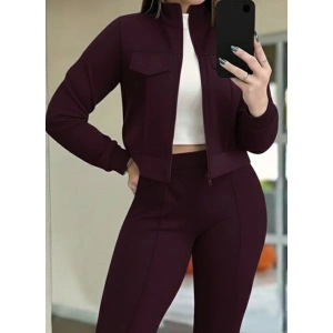 Kadın Uzun Kollu önden Fermuarlı Kısa Modal Mor Ceket Ve Pantolon Ikili Takım
