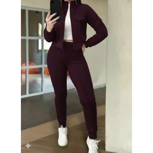 Kadın Uzun Kollu önden Fermuarlı Kısa Modal Mor Ceket Ve Pantolon Ikili Takım