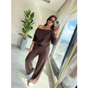 Kadın Uzun Kollu Tek Omuzdan Açık Modal Bluz Ve Pantolon Ikili Takım