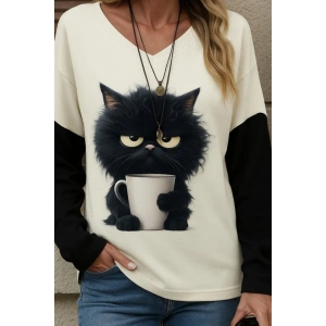 Kadın Uzun Kollu V Yakalı Kedi Baskılı şardonlu Dalgıç Bluz