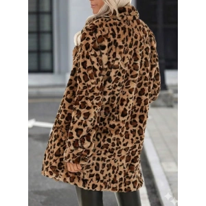 Kadın Uzun Kollu Yakalı Cepli Kısa Peluş Leopar Kaban