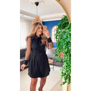 Kadın Uzun Kollu Yakalı Düğmeli Mini Ithal Krep Elbise