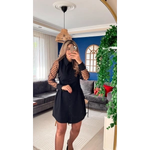 Kadın Uzun Kollu Yakalı Düğmeli Mini Ithal Krep Elbise