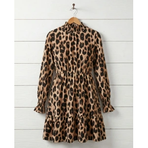 Kadın Uzun Kollu Yarı Balıkçı Yaka Leopar Desenli Modal Mini Elbise