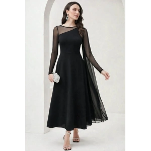 Kadın Uzun Kollu Yarı Balıkçı Yaka Tül Detaylı Uzun Sandy Elbise