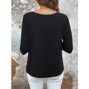 Kadın Uzun Kollu Yuvarlak Yakalı çift Renkli Dantel Detaylı Viskon Bluz