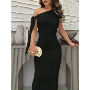 Kadın Yakası Açık Omuzdan Bağcıklı Uzun Janjan Krep Elbise