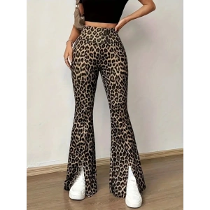 Kadın Yüksek Bel Leopar Desenli Yırtmaçlı Dalgıç Tayt