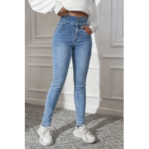 Kadın Yüksek Bel önden Düğmeli Cepli Dar Kesim Detaylı Kot Pantolon